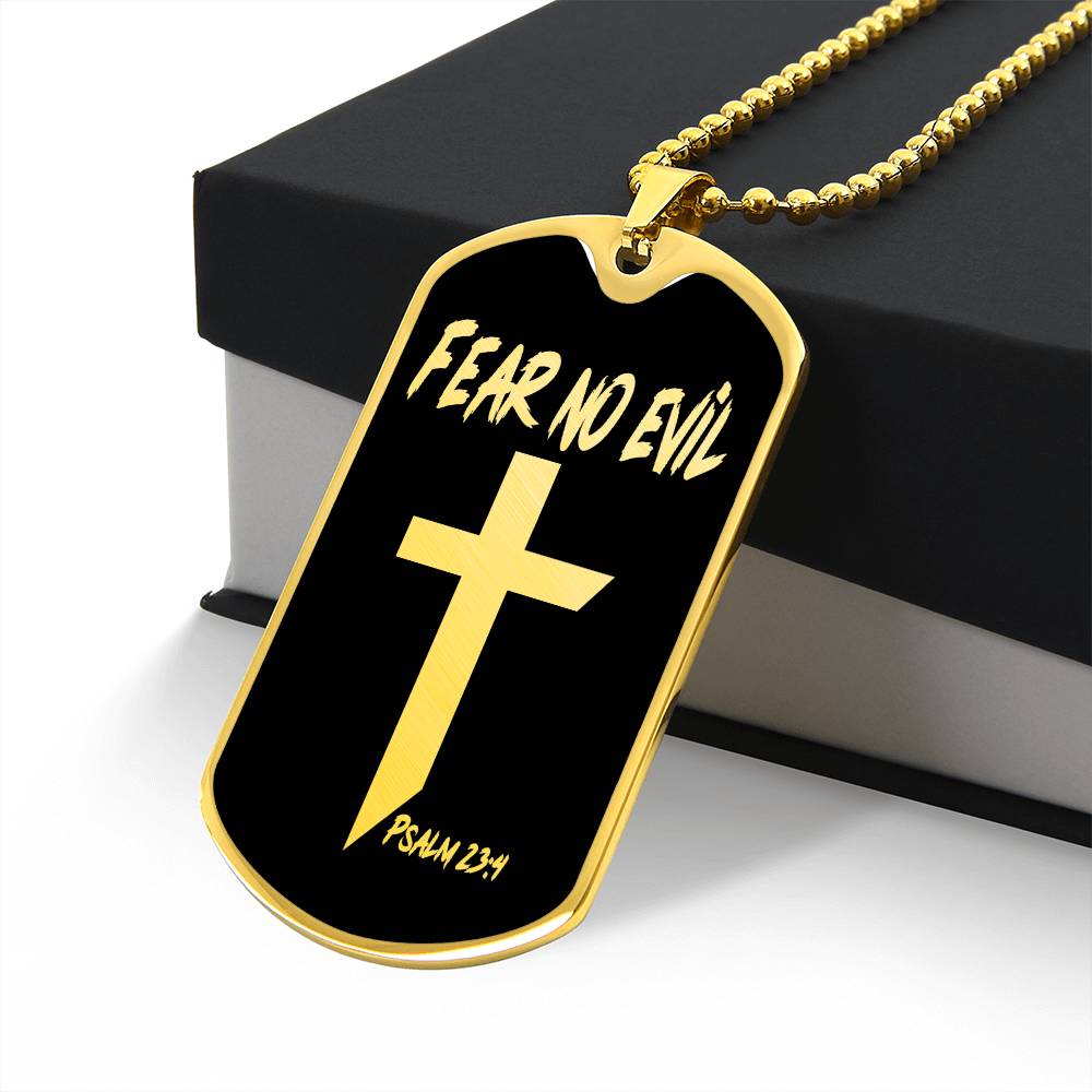 Fear No Evil Psalm 23.4 Necklace Dog Tag Stainless Steel or 18k Gold w 24" Chain-Express Your Love Gifts