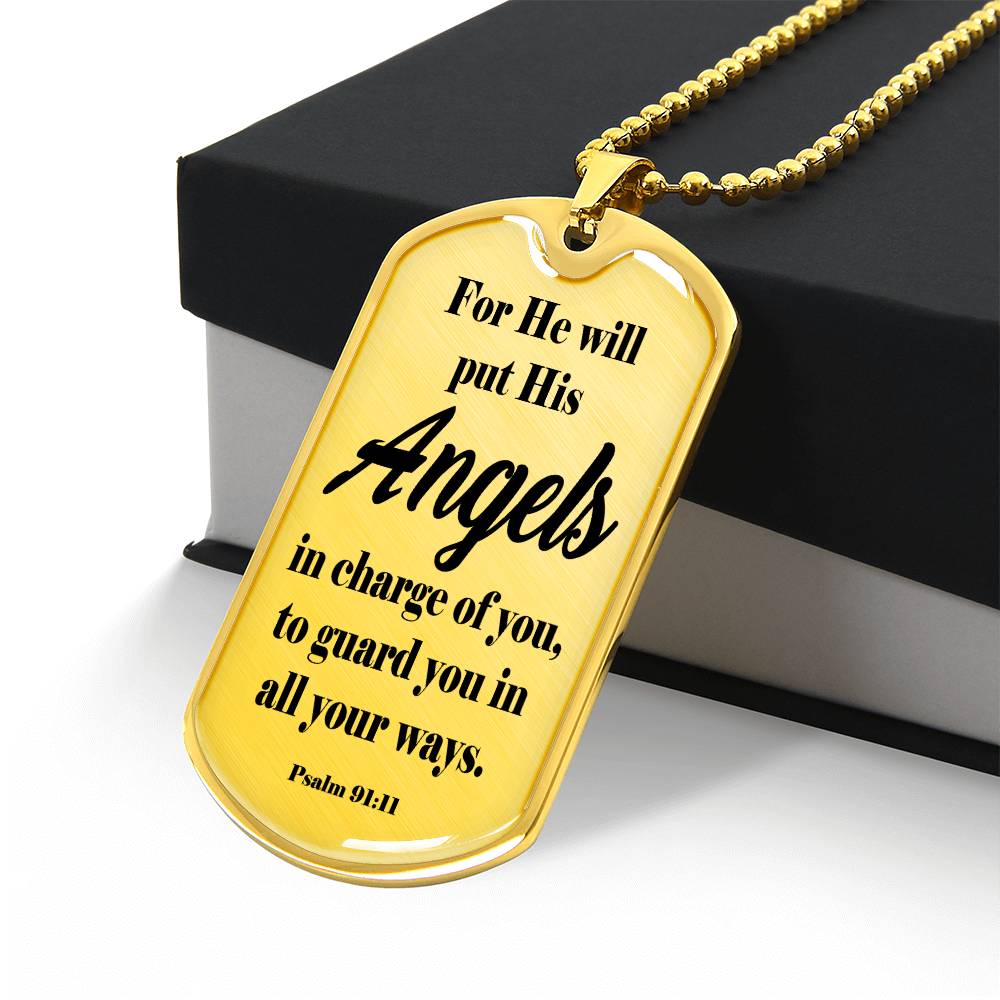 Angels Protect Psalm 91:11 Necklace Dog Tag Stainless Steel or 18k Gold w 24" Chain-Express Your Love Gifts