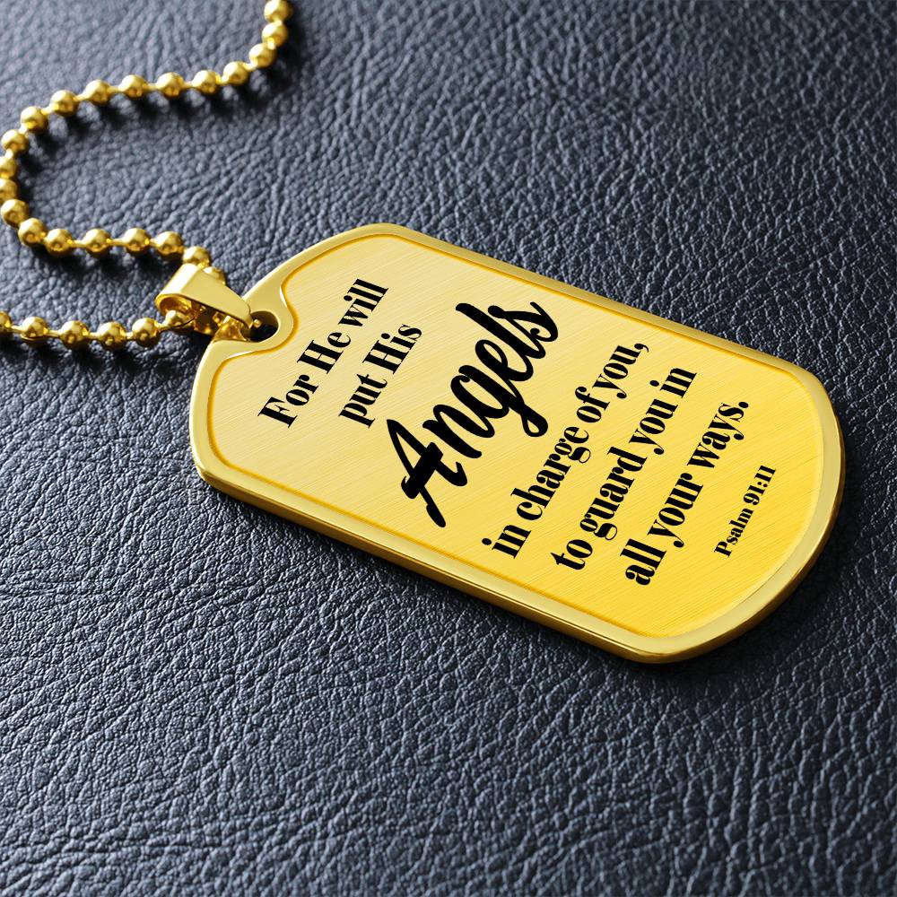 Angels Protect Psalm 91:11 Necklace Dog Tag Stainless Steel or 18k Gold w 24" Chain-Express Your Love Gifts