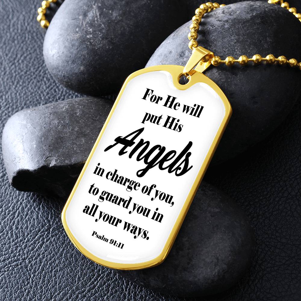 Angels Protect Psalm 91:11 Necklace Dog Tag Stainless Steel or 18k Gold w 24" Chain-Express Your Love Gifts