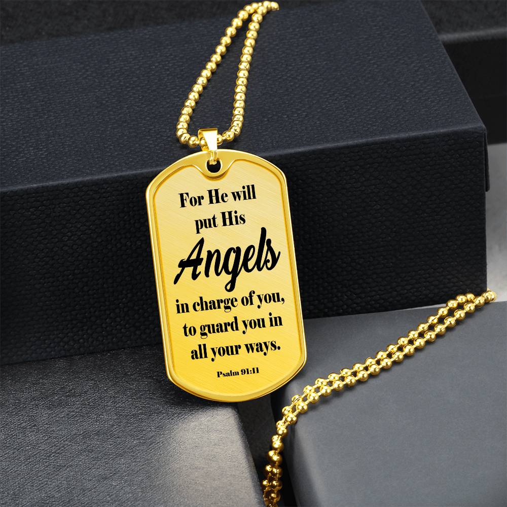 Angels Protect Psalm 91:11 Necklace Dog Tag Stainless Steel or 18k Gold w 24" Chain-Express Your Love Gifts