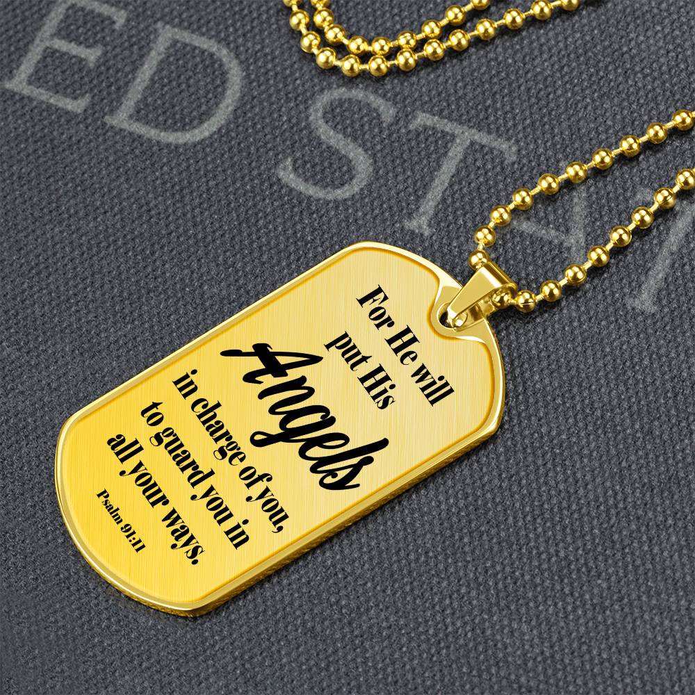 Angels Protect Psalm 91:11 Necklace Dog Tag Stainless Steel or 18k Gold w 24" Chain-Express Your Love Gifts