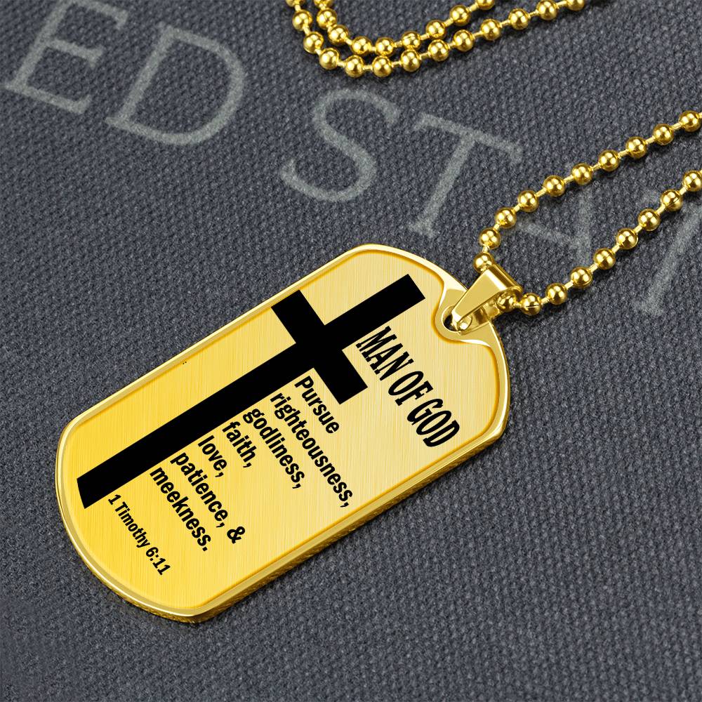 Man of God Pursuing 1 Timothy 6.11 Necklace Dog Tag Stainless Steel or 18k Gold w 24" Chain-Express Your Love Gifts