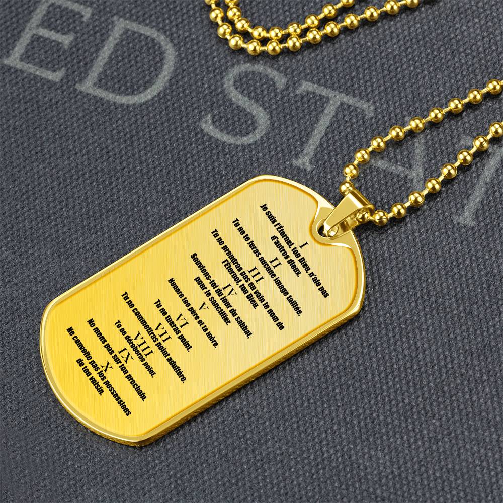 Ten Commandments French Dix Commandements Necklace Dog Tag Stainless Steel or 18k Gold w 24" Chain-Express Your Love Gifts
