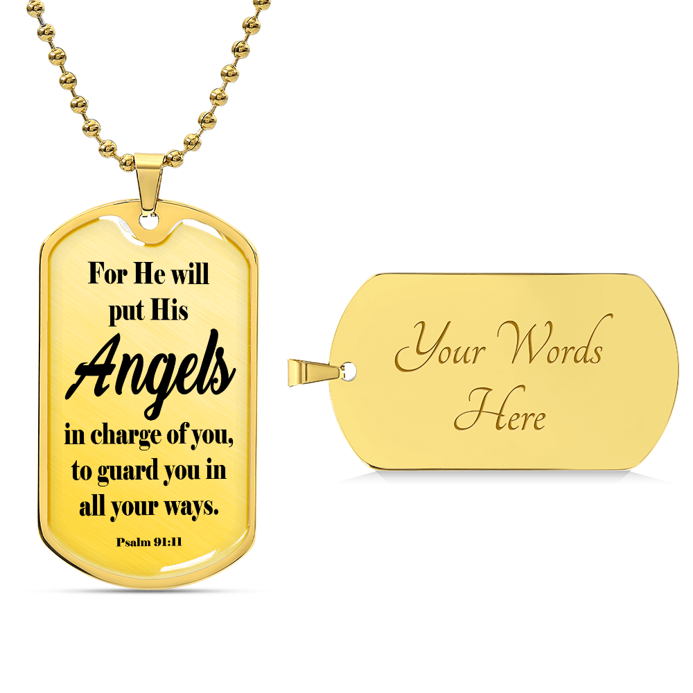 Angels Protect Psalm 91:11 Necklace Dog Tag Stainless Steel or 18k Gold w 24" Chain-Express Your Love Gifts