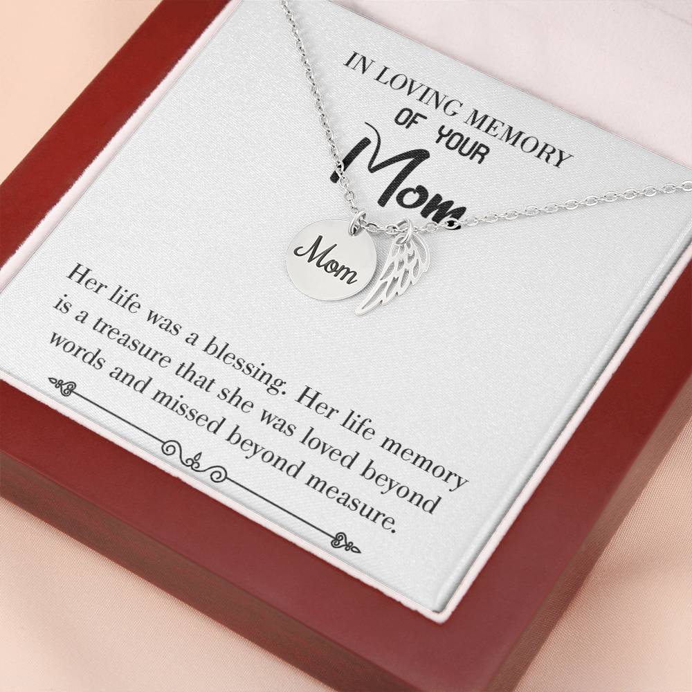 Life Was A Blessing White Mom Remembrance Necklace Angel Wing Charm, Stainless Steel 18-22'' Chain-Express Your Love Gifts