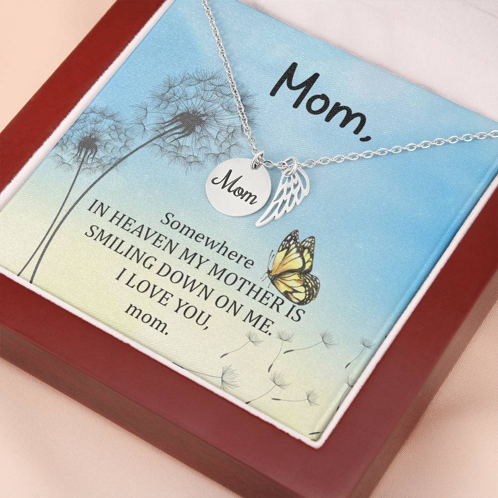 Somewhere In Heaven Mom Remembrance Necklace Angel Wing Charm, Stainless Steel 18-22'' Chain-Express Your Love Gifts