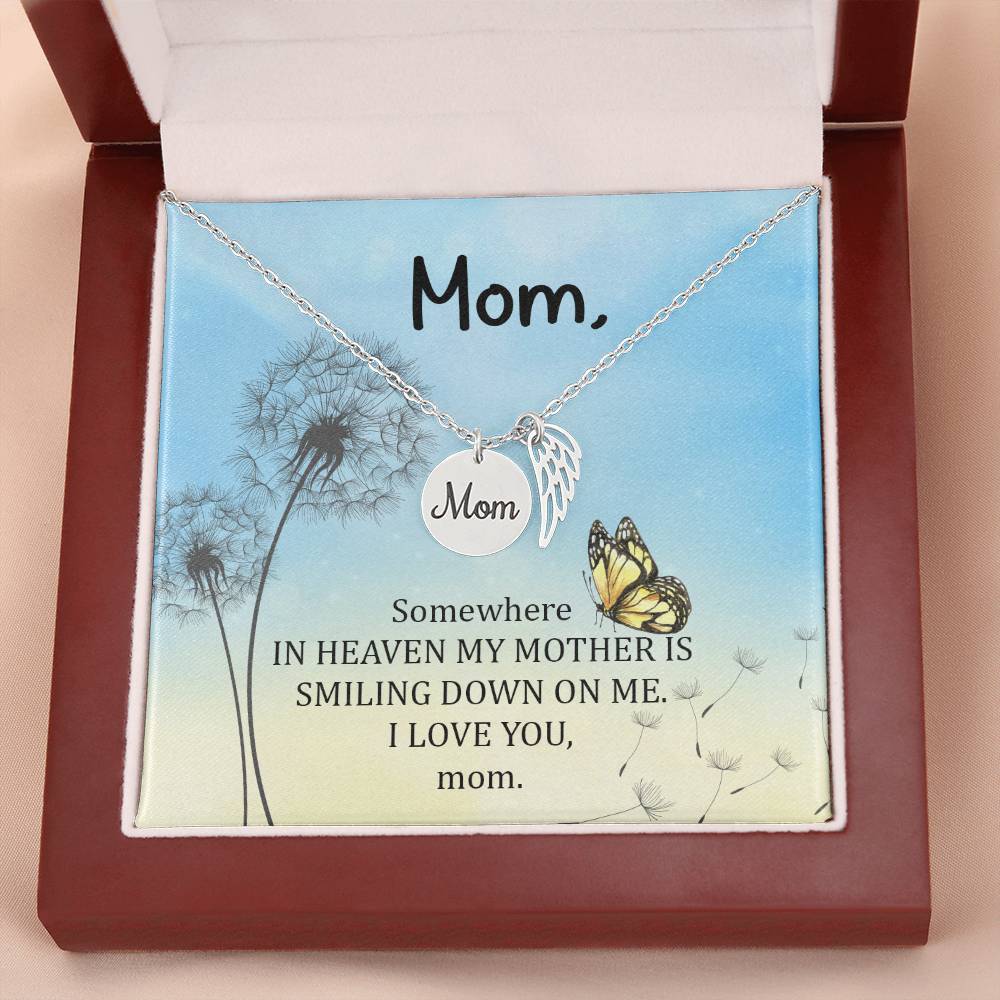 Somewhere In Heaven Mom Remembrance Necklace Angel Wing Charm, Stainless Steel 18-22'' Chain-Express Your Love Gifts