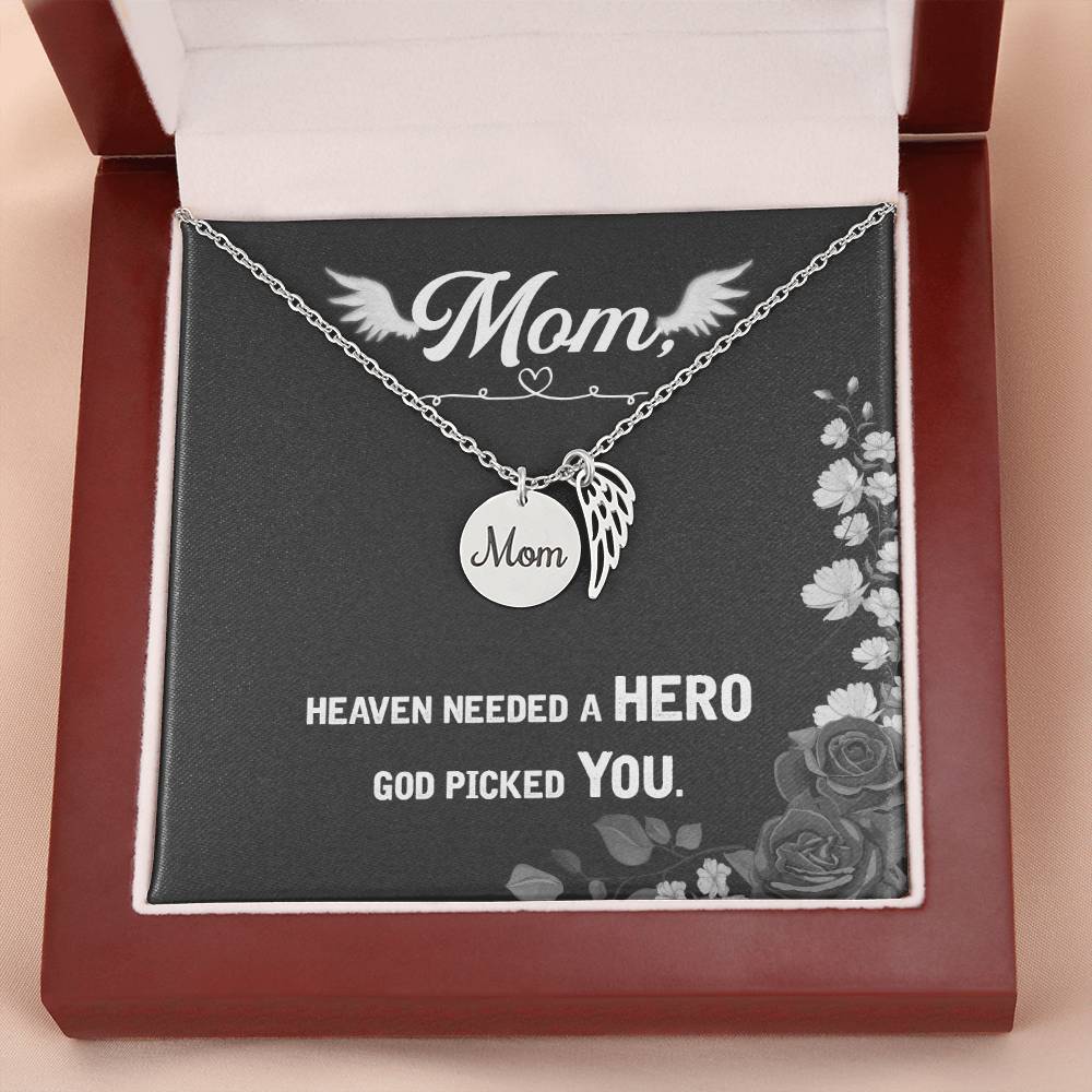 Heaven Needed A Hero Mom Remembrance Necklace Angel Wing Charm, Stainless Steel 18-22'' Chain-Express Your Love Gifts