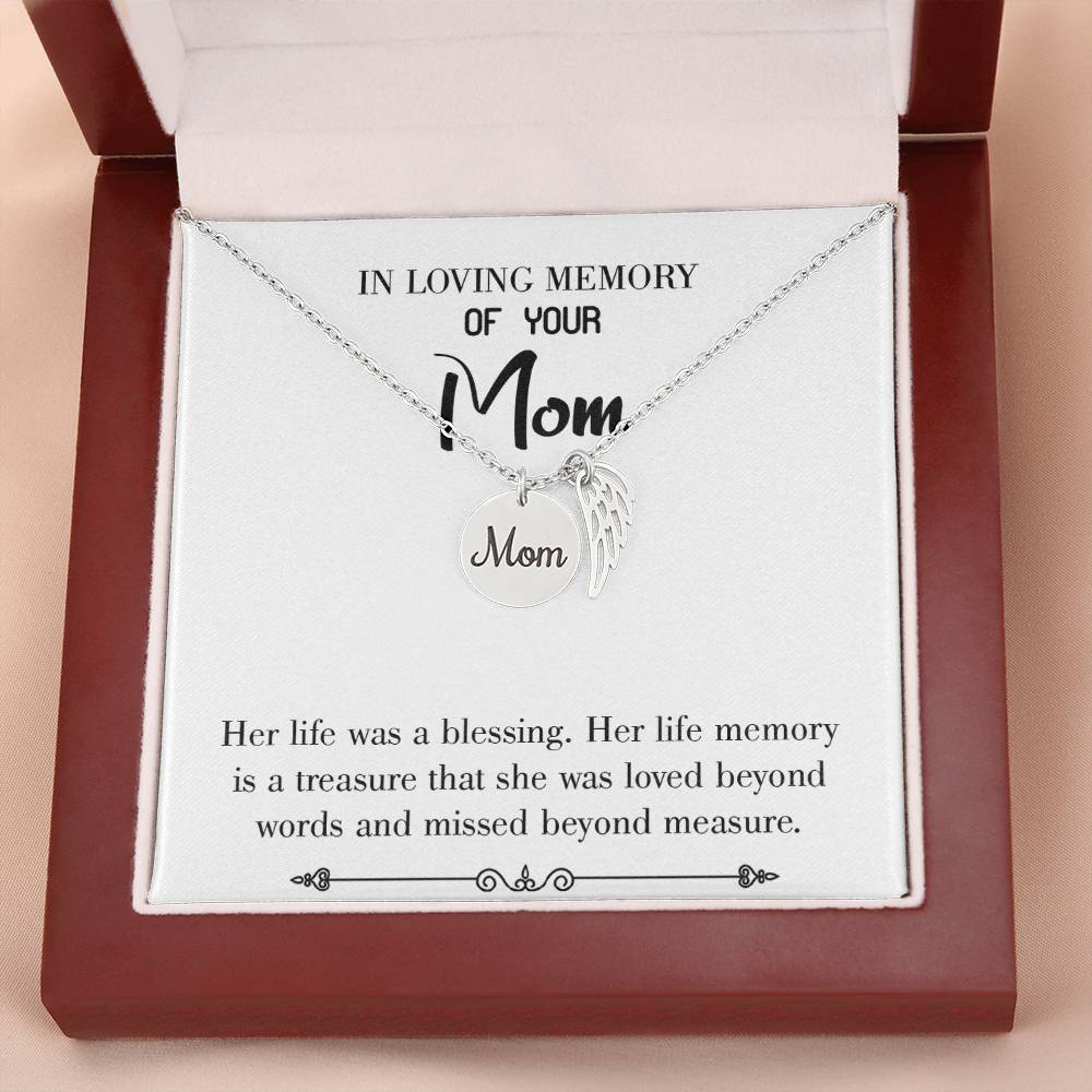 Life Was A Blessing White Mom Remembrance Necklace Angel Wing Charm, Stainless Steel 18-22'' Chain-Express Your Love Gifts