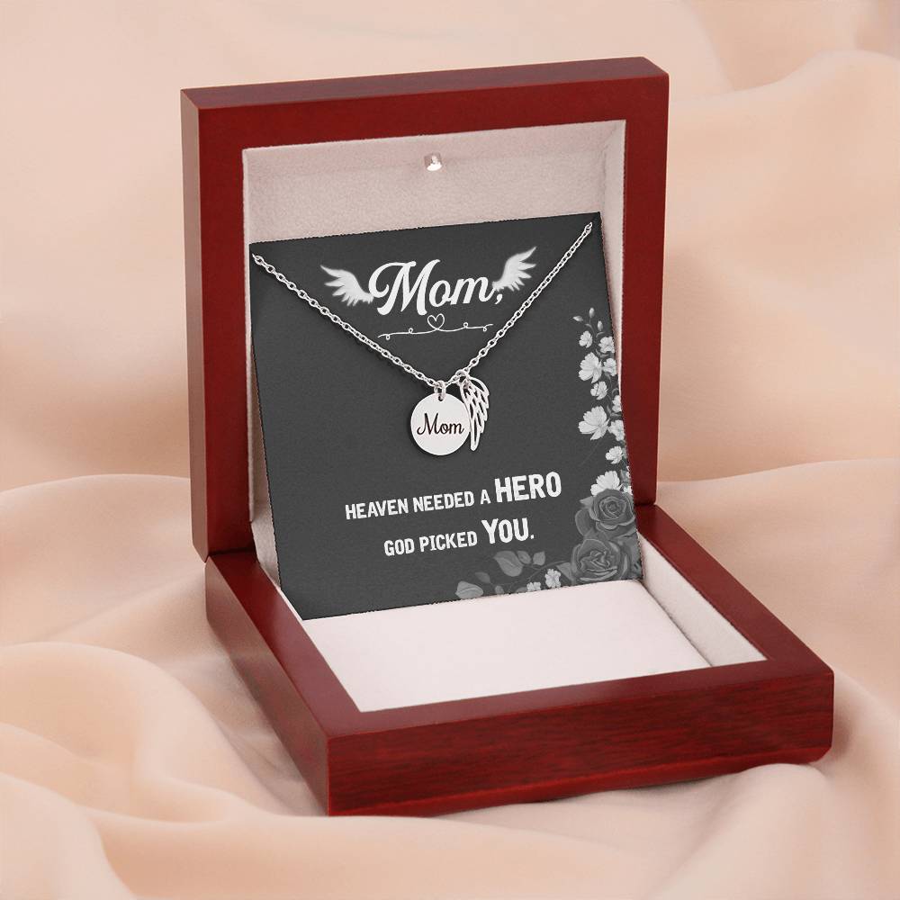 Heaven Needed A Hero Mom Remembrance Necklace Angel Wing Charm, Stainless Steel 18-22'' Chain-Express Your Love Gifts