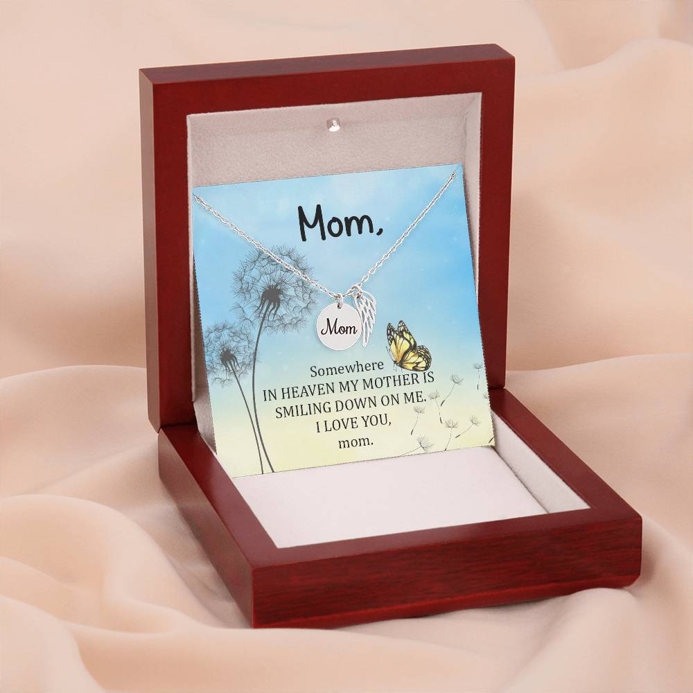 Somewhere In Heaven Mom Remembrance Necklace Angel Wing Charm, Stainless Steel 18-22'' Chain-Express Your Love Gifts