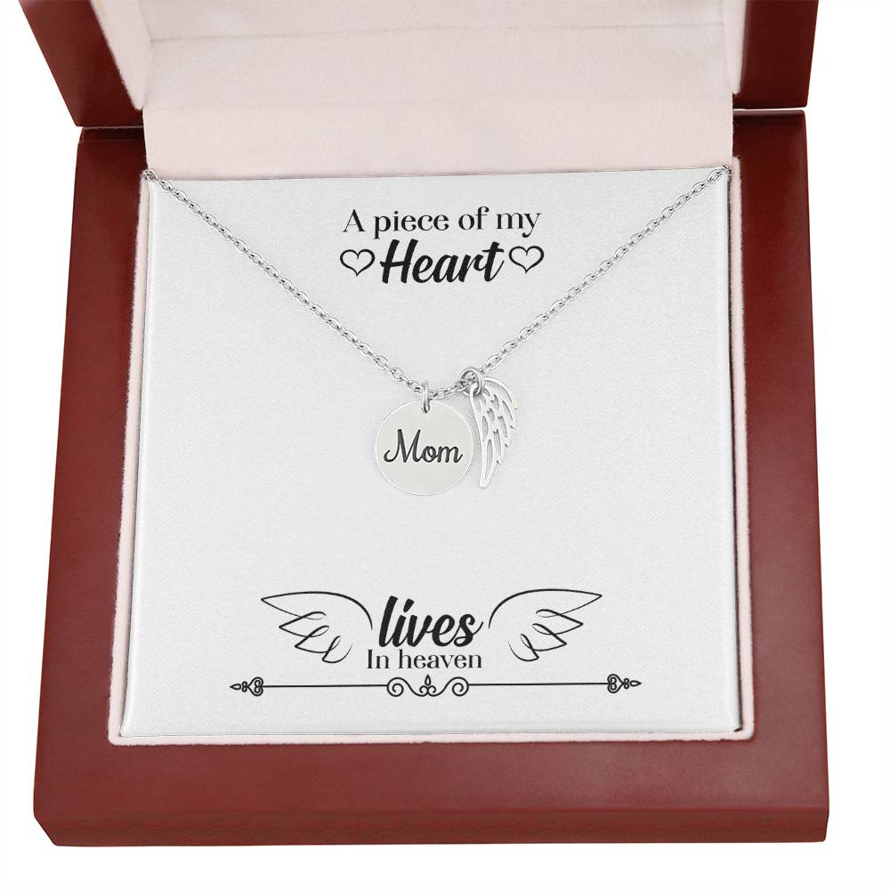 Lives in Heaven Mom Remembrance Necklace Angel Wing Charm, Stainless Steel 18-22'' Chain-Express Your Love Gifts