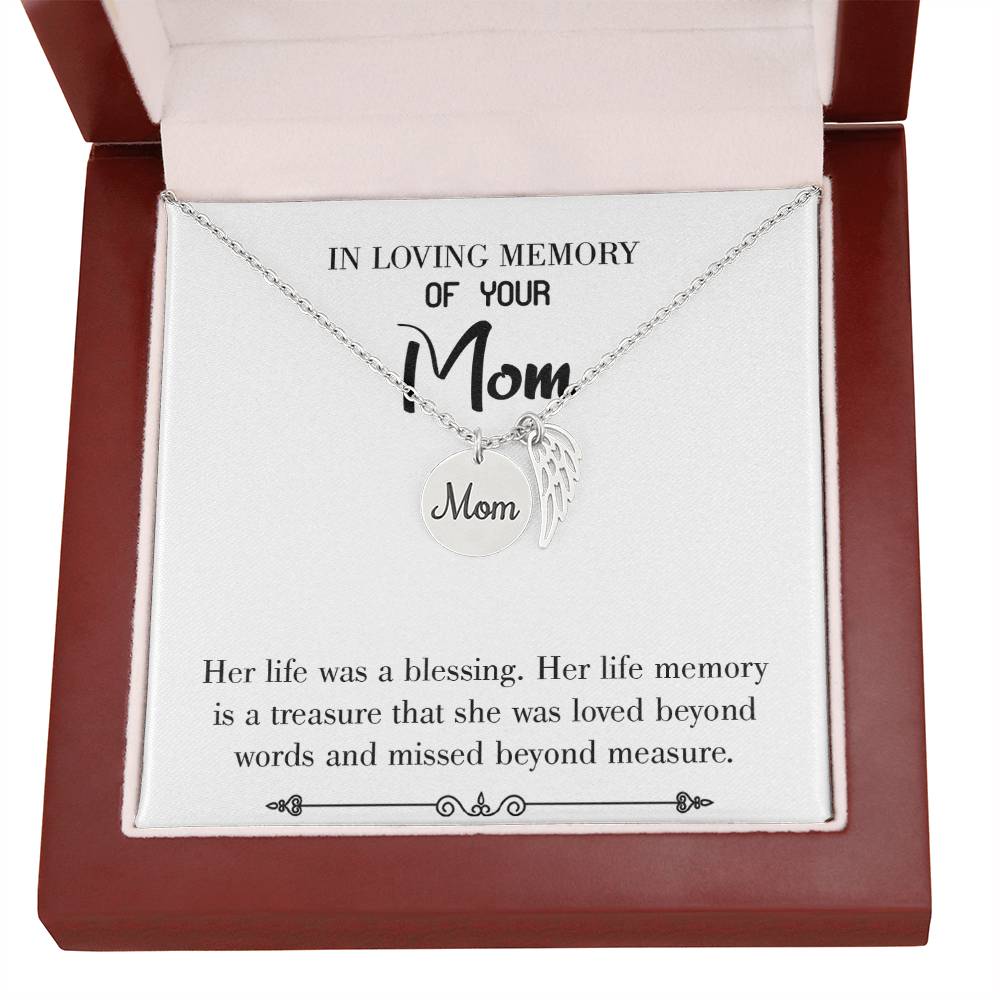 Life Was A Blessing White Mom Remembrance Necklace Angel Wing Charm, Stainless Steel 18-22'' Chain-Express Your Love Gifts