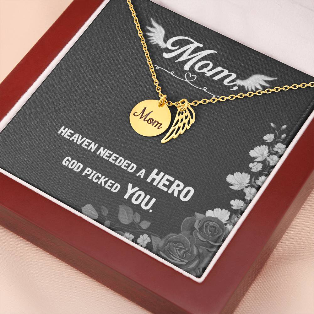 Heaven Needed A Hero Mom Remembrance Necklace Angel Wing Charm, Stainless Steel 18-22'' Chain-Express Your Love Gifts