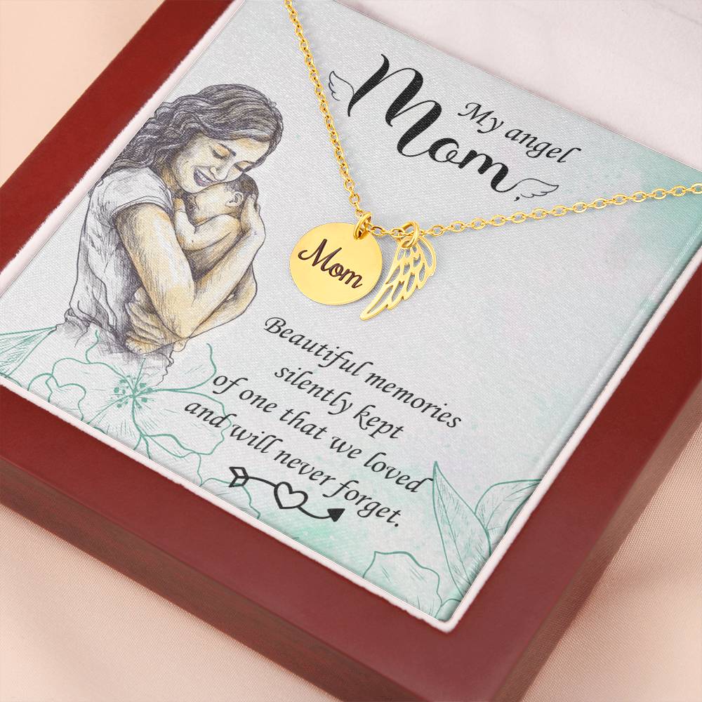 Beautiful Memories Mom Remembrance Necklace Angel Wing Charm, Stainless Steel 18-22'' Chain-Express Your Love Gifts