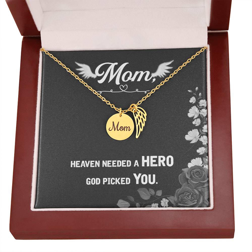 Heaven Needed A Hero Mom Remembrance Necklace Angel Wing Charm, Stainless Steel 18-22'' Chain-Express Your Love Gifts