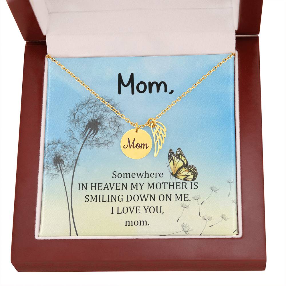 Somewhere In Heaven Mom Remembrance Necklace Angel Wing Charm, Stainless Steel 18-22'' Chain-Express Your Love Gifts