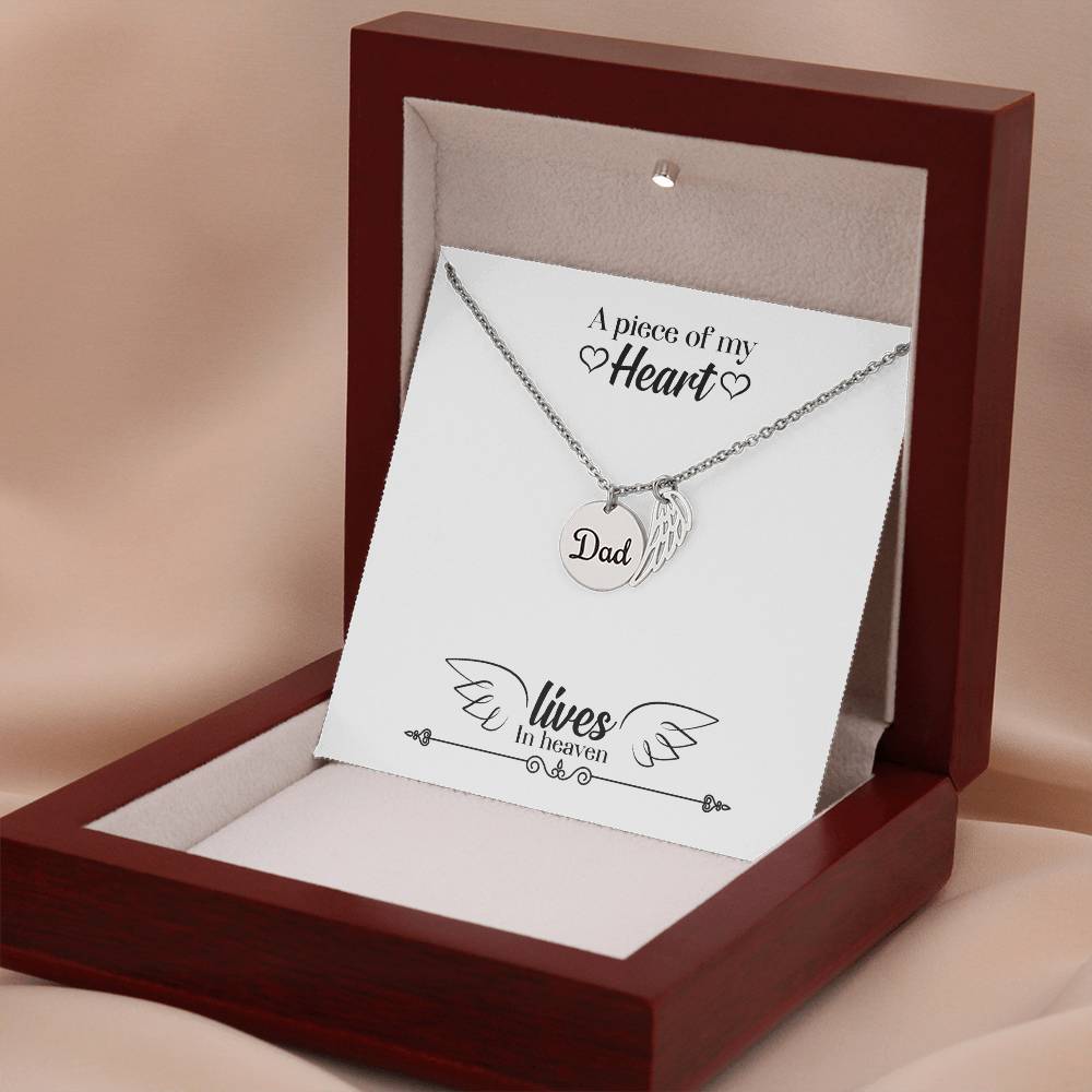 A Piece of My Heart Lives in Heaven Remembrance Necklace for Dad Angel Wing Charm Stainless Steel or 18k Gold Finish-Express Your Love Gifts