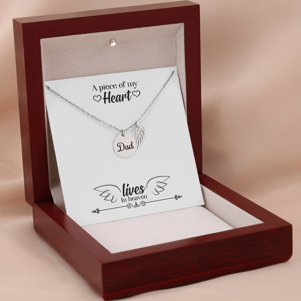 A Piece of My Heart Lives in Heaven Remembrance Necklace for Dad Angel Wing Charm Stainless Steel or 18k Gold Finish-Express Your Love Gifts