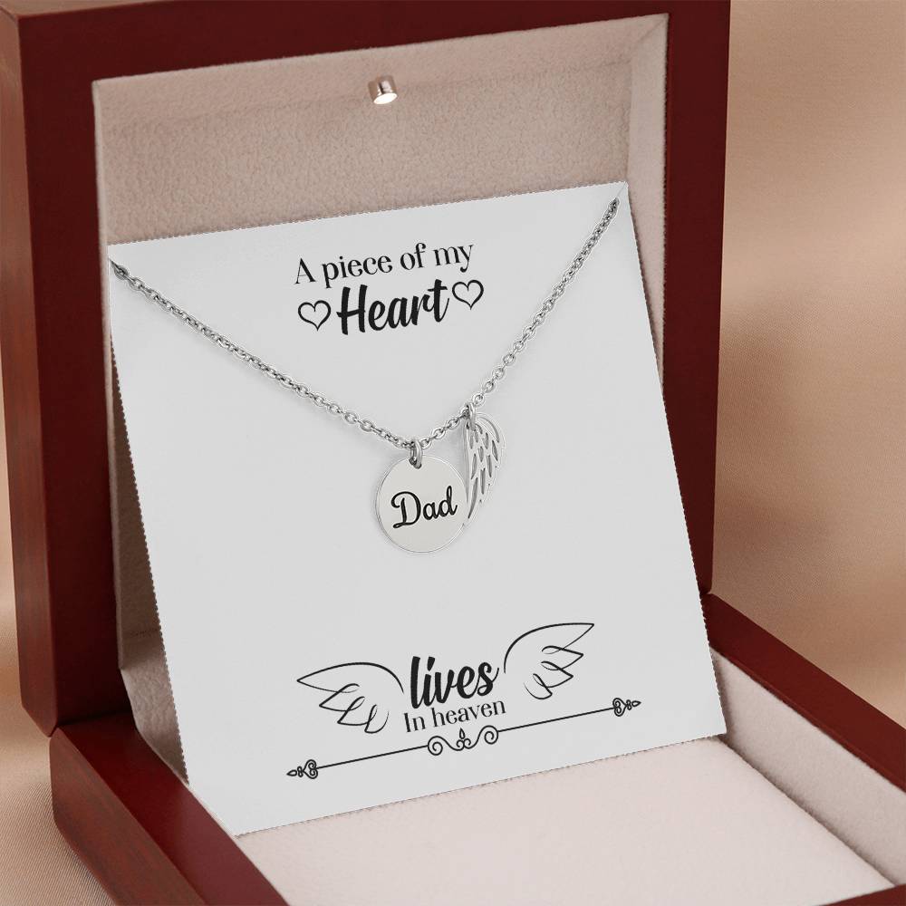 A Piece of My Heart Lives in Heaven Remembrance Necklace for Dad Angel Wing Charm Stainless Steel or 18k Gold Finish-Express Your Love Gifts