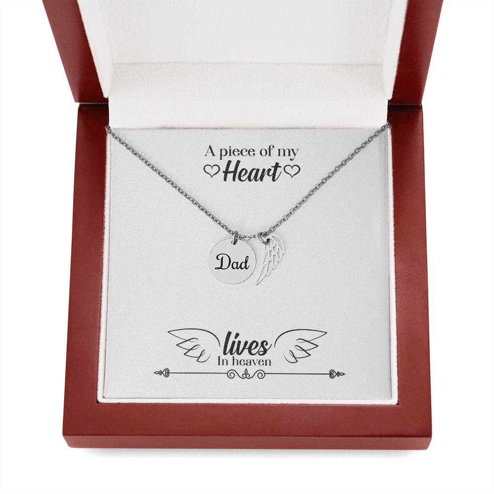 A Piece of My Heart Lives in Heaven Remembrance Necklace for Dad Angel Wing Charm Stainless Steel or 18k Gold Finish-Express Your Love Gifts