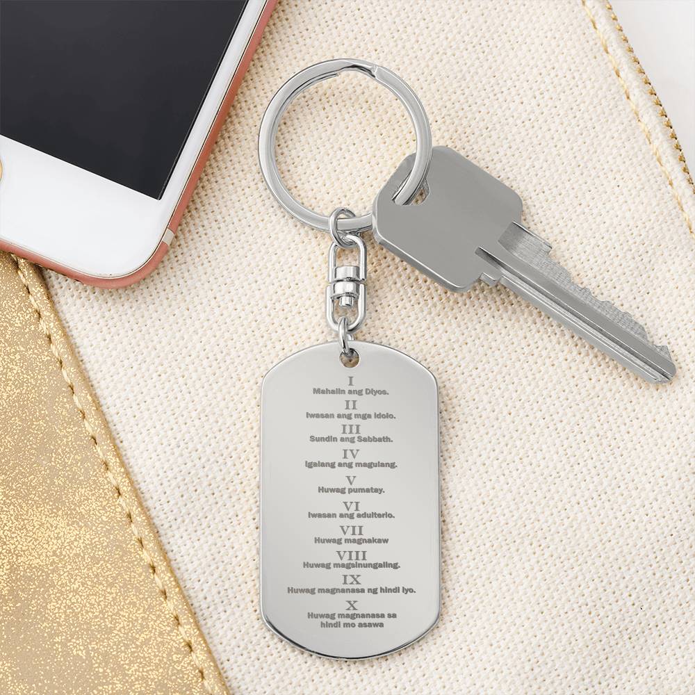 Ten Commandments Tagalog Sampung Utos Engraved Dog Tag Bible Keychain Stainless Steel or 18k Gold-Express Your Love Gifts