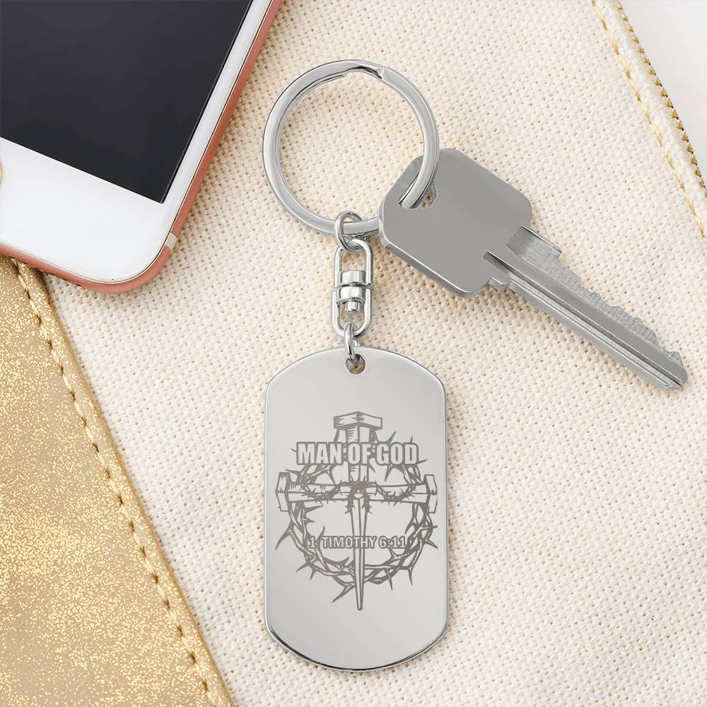 Man of God Cross 1 Timothy 6:11 Engraved Dog Tag Bible Keychain Stainless Steel or 18k Gold-Express Your Love Gifts