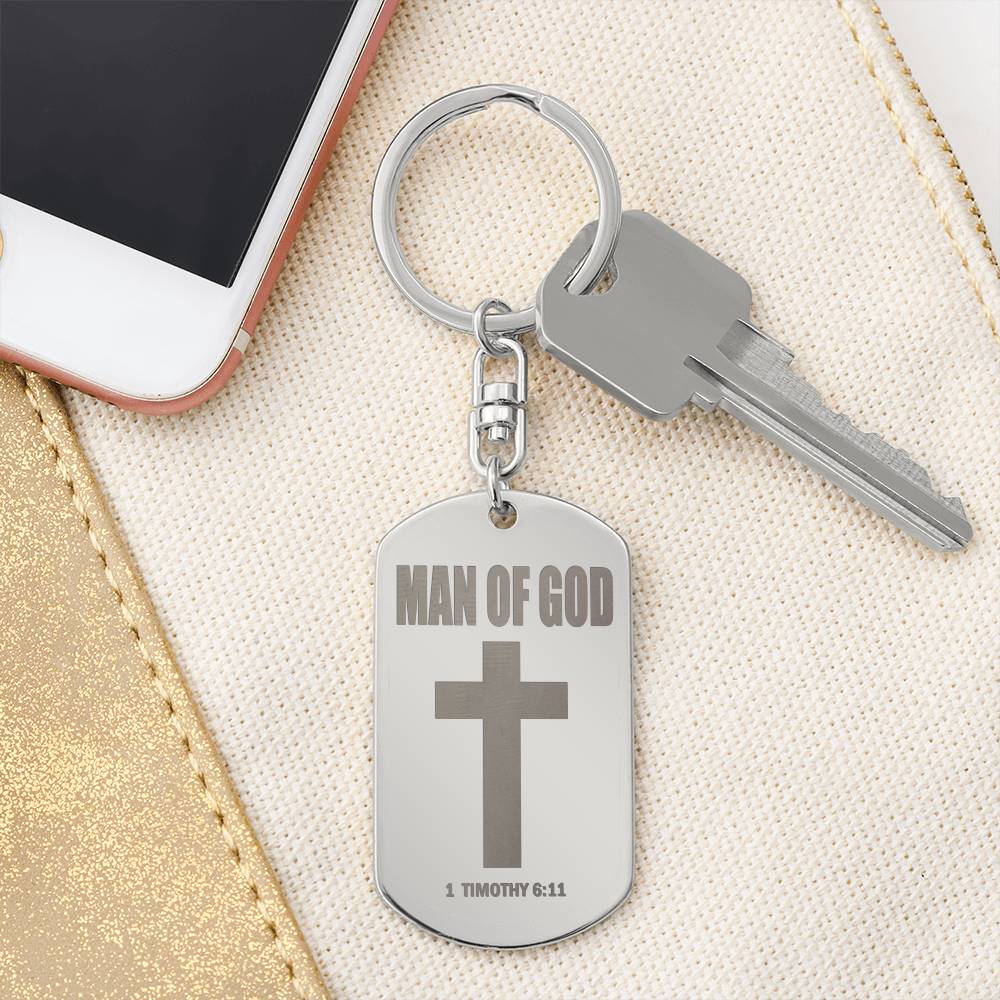 Man of God 1 Timothy 6:11 Engraved Dog Tag Bible Keychain Stainless Steel or 18k Gold-Express Your Love Gifts