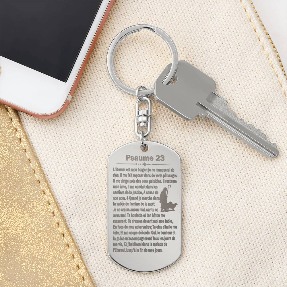 Psalm 23 French Psaume 23 Engraved Dog Tag Bible Keychain Stainless Steel or 18k Gold-Express Your Love Gifts