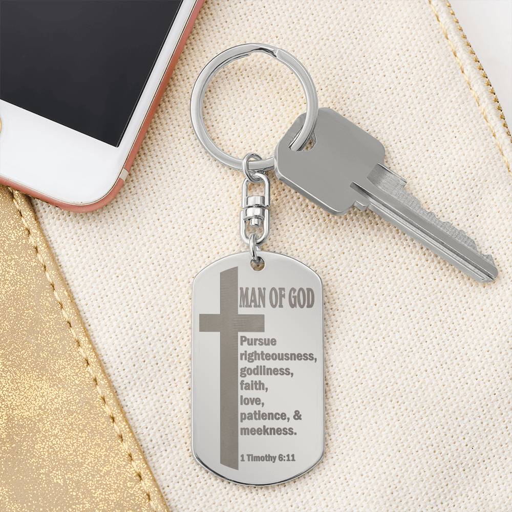 Man of God Pursuing 1 Timothy 6:11 Engraved Dog Tag Bible Keychain Stainless Steel or 18k Gold-Express Your Love Gifts