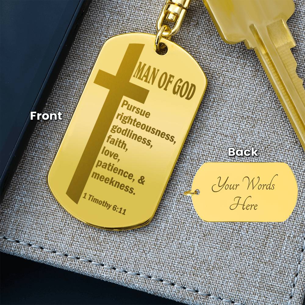 Man of God Pursuing 1 Timothy 6:11 Engraved Dog Tag Bible Keychain Stainless Steel or 18k Gold-Express Your Love Gifts