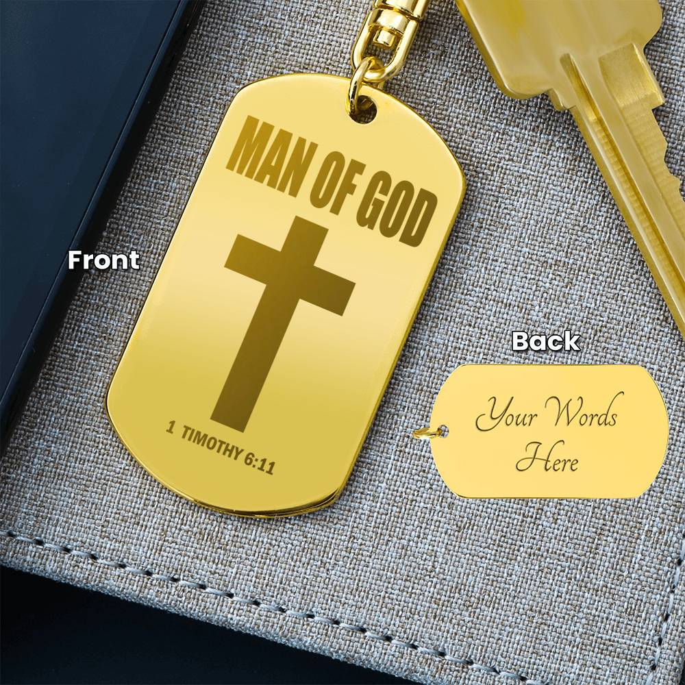 Man of God 1 Timothy 6:11 Engraved Dog Tag Bible Keychain Stainless Steel or 18k Gold-Express Your Love Gifts
