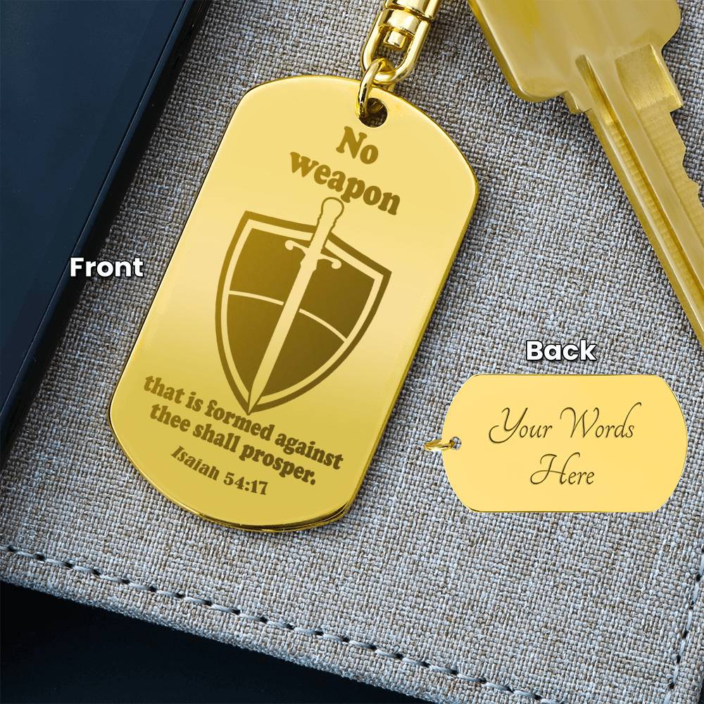 Isaiah 54.17 No Weapon Engraved Dog Tag Keychain Stainless Steel or 18k Gold-Express Your Love Gifts