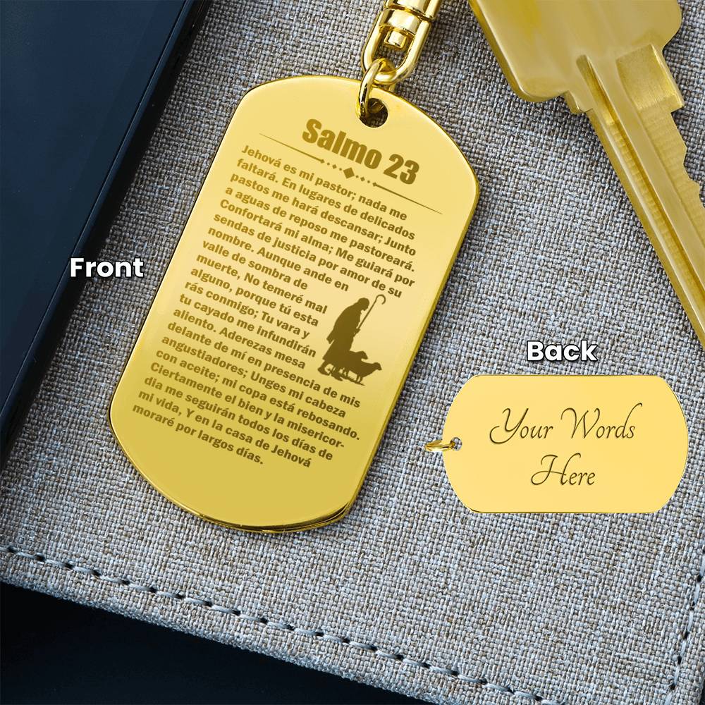 Psalm 23 Spanish Salmo 23 Engraved Dog Tag Bible Keychain Stainless Steel or 18k Gold-Express Your Love Gifts