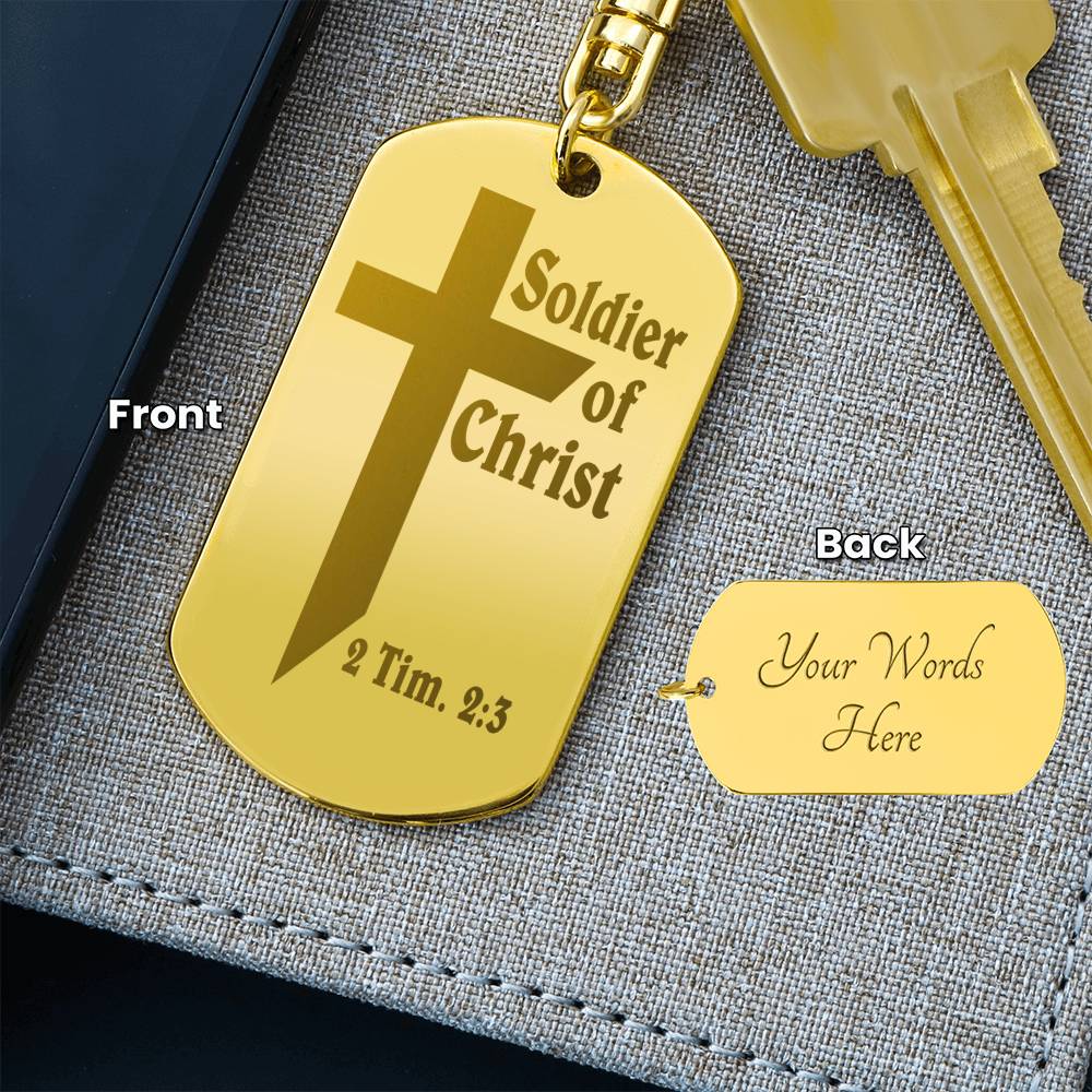 Soldier of Christ 2 Tim 2:3 Engraved Dog Tag Bible Keychain Stainless Steel or 18k Gold-Express Your Love Gifts