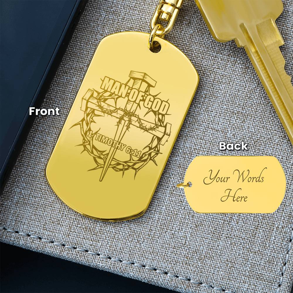 Man of God Cross 1 Timothy 6:11 Engraved Dog Tag Bible Keychain Stainless Steel or 18k Gold-Express Your Love Gifts