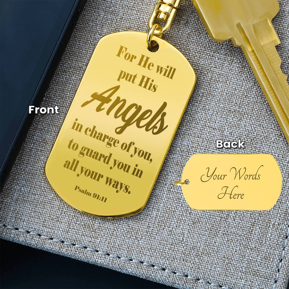 Angels Protect Psalm 91.11 Engraved Dog Tag Keychain Stainless Steel or 18k Gold-Express Your Love Gifts