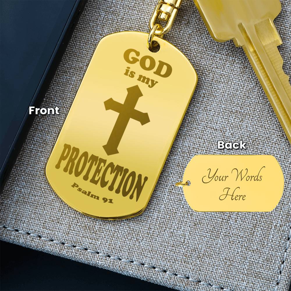God is My Protection Psalm 91 Engraved Dog Tag Keychain Stainless Steel or 18k Gold-Express Your Love Gifts