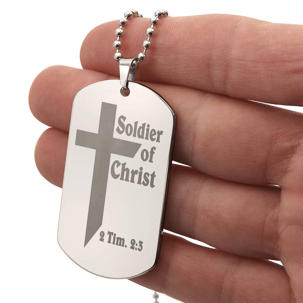 Soldier of Christ 2 Tim 2 3 Engraved Dog Tag Necklace Stainless Steel or 18k Gold w 24" Chain-Express Your Love Gifts