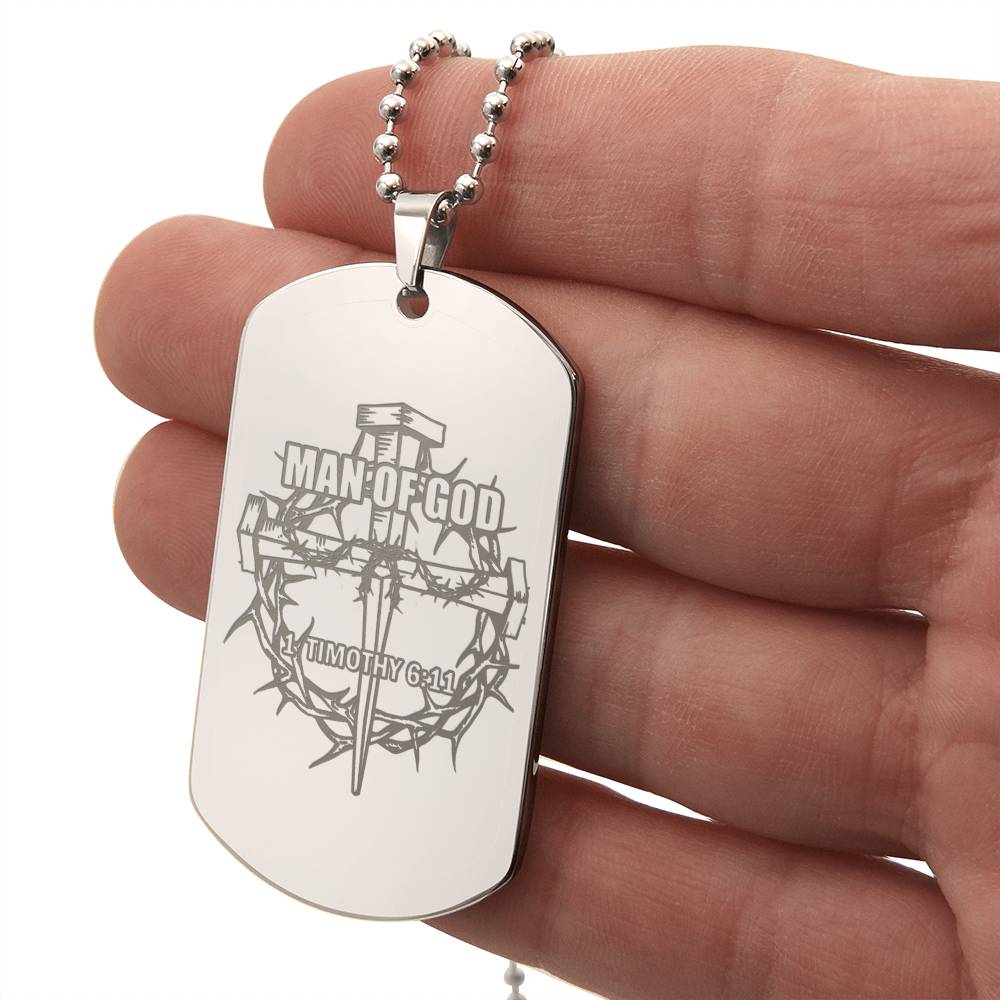 Man of God Cross 1 Timothy 6.11 Engraved Dog Tag Necklace Stainless Steel or 18k Gold w 24" Chain-Express Your Love Gifts