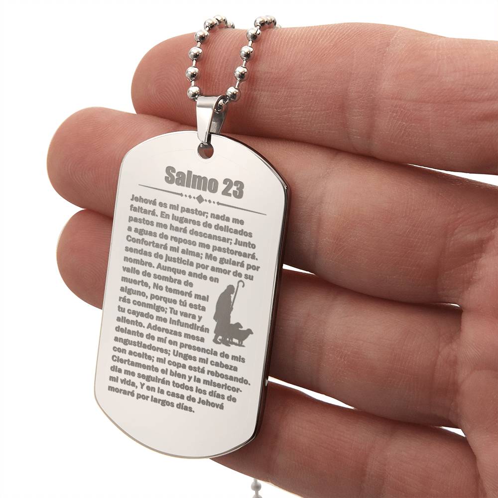 Psalm 23 Spanish Salmo 23 Engraved Dog Tag Necklace Stainless Steel or 18k Gold w 24" Chain-Express Your Love Gifts