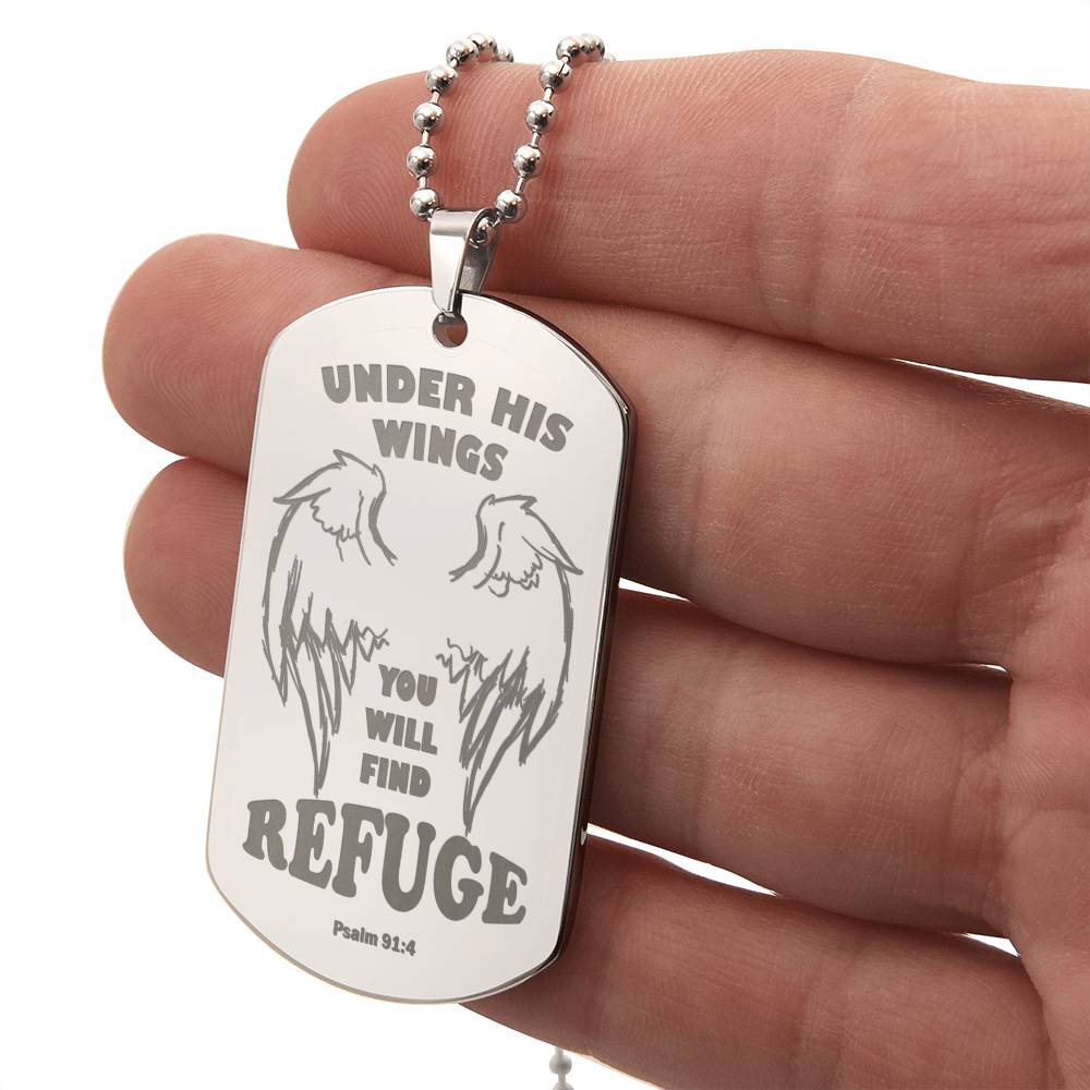 Psalm 91 Refuge Under His Wings Engraved Dog Tag Necklace Stainless Steel or 18k Gold w 24" Chain-Express Your Love Gifts