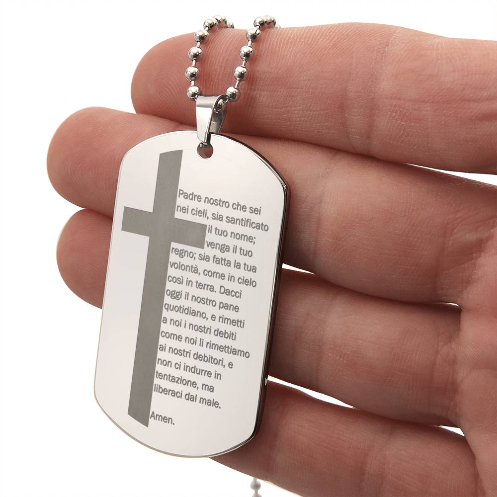 Lord's Prayer Italian Padre Nostro Engraved Dog Tag Necklace Stainless Steel or 18k Gold w 24" Chain-Express Your Love Gifts