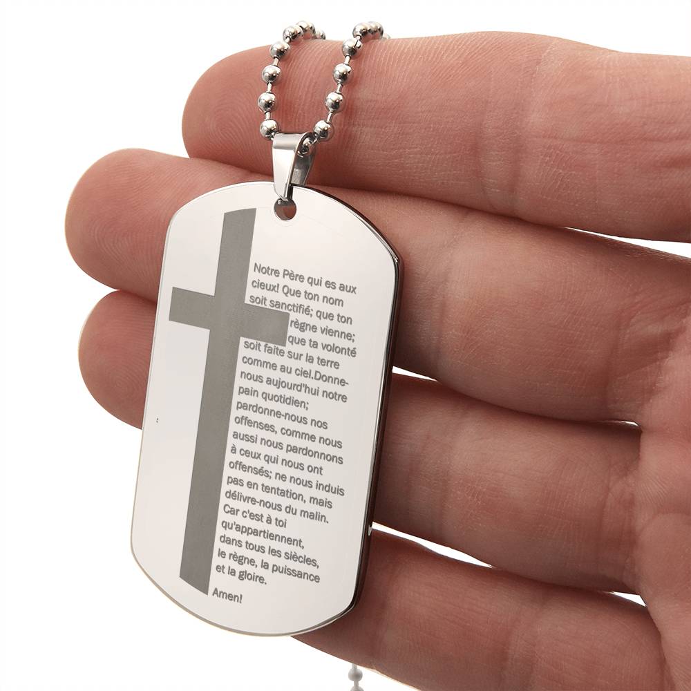 Lord's Prayer French Notre Père Dogtag Engraved Dog Tag Necklace Stainless Steel or 18k Gold w 24" Chain-Express Your Love Gifts