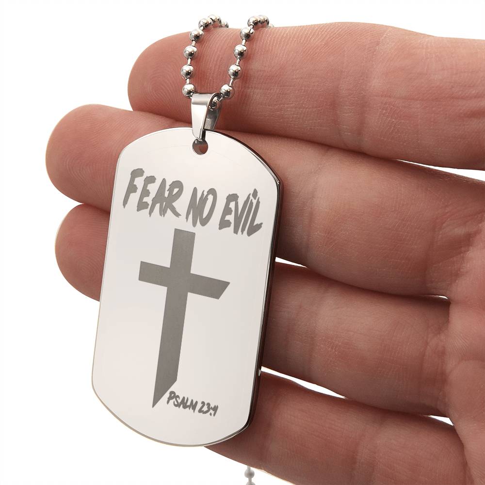 Fear No Evil Psalm 23.4 Engraved Dog Tag Necklace Stainless Steel or 18k Gold w 24" Chain-Express Your Love Gifts