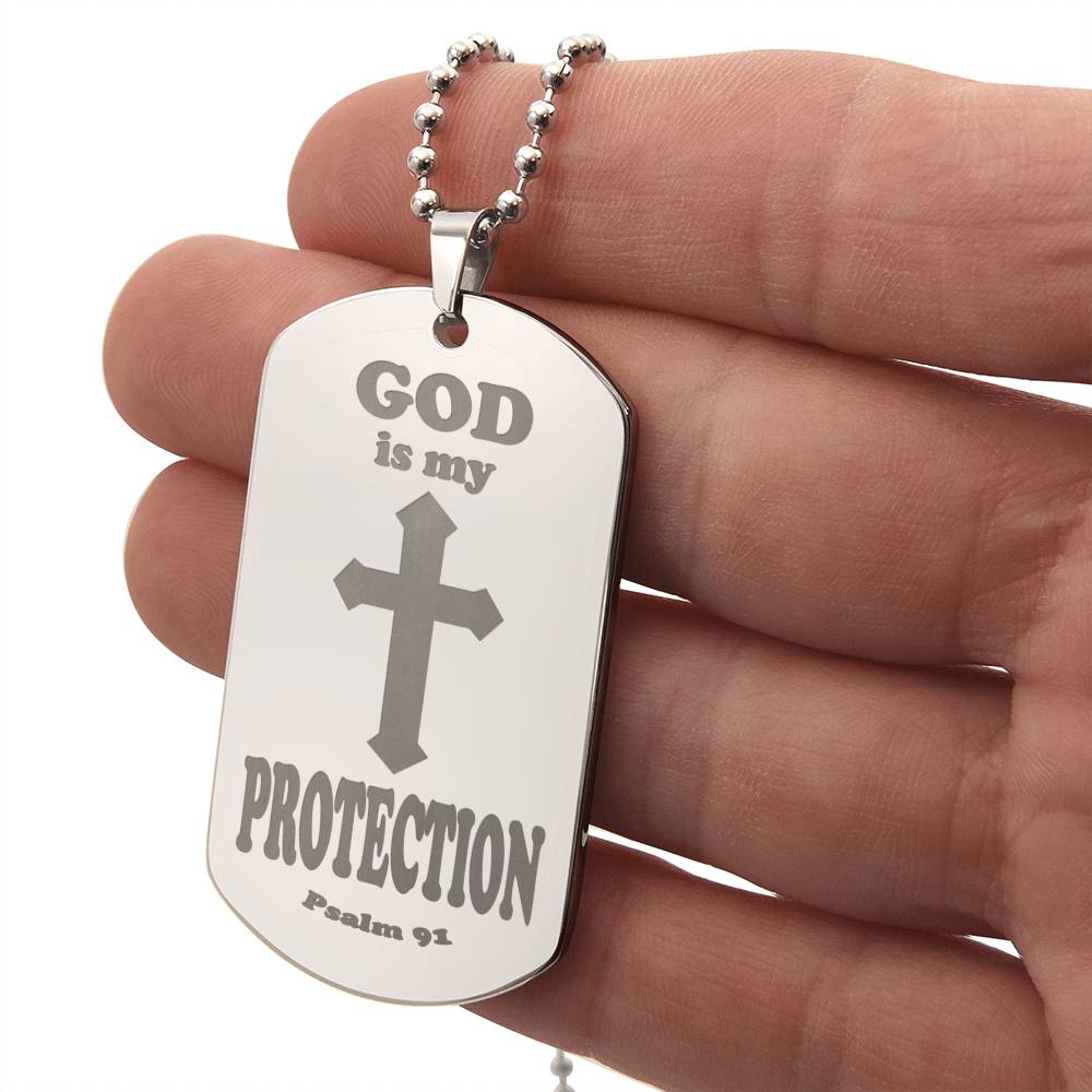 God is My Protection Psalm 91 Engraved Dog Tag Necklace Stainless Steel or 18k Gold w 24" Chain-Express Your Love Gifts