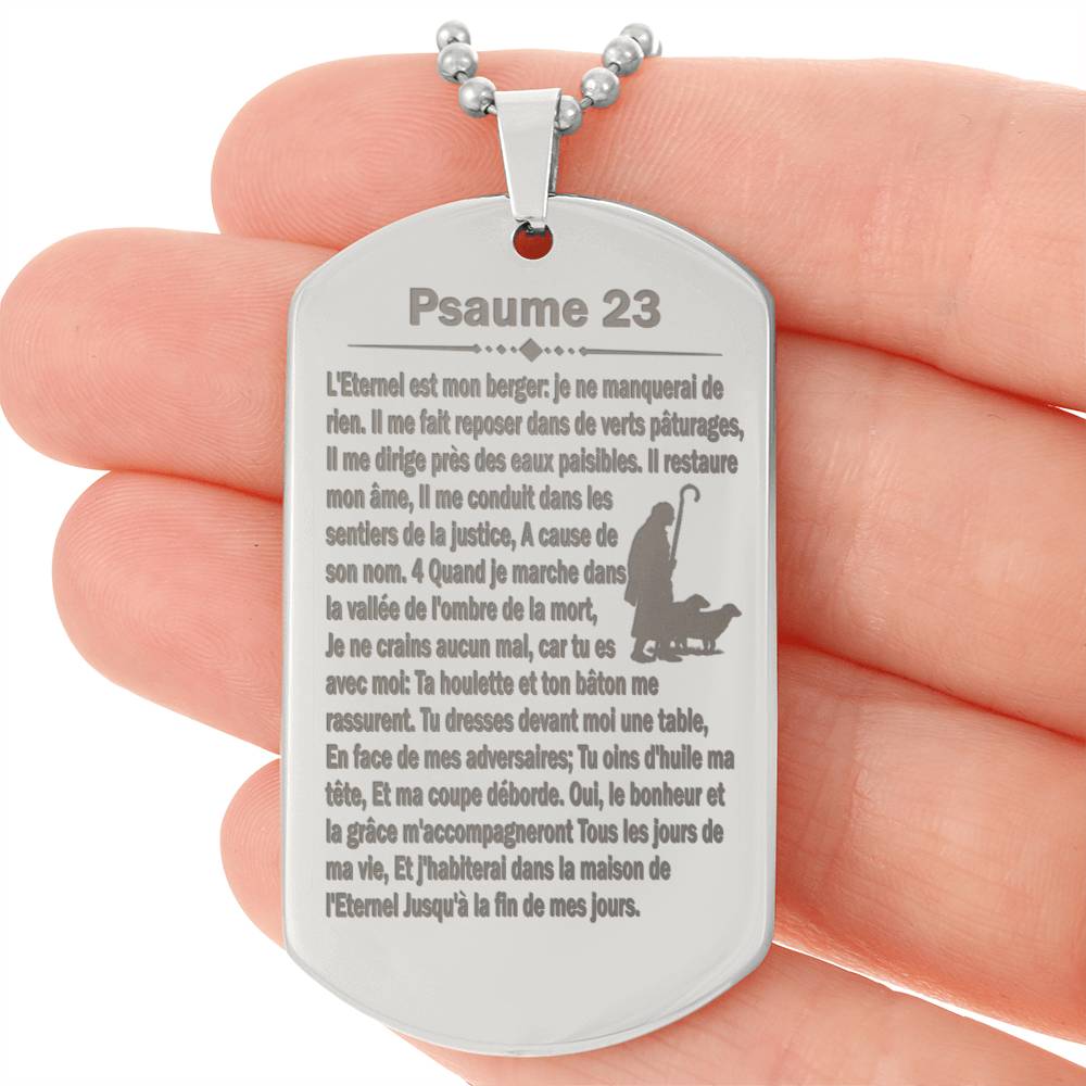 Psalm 23 French Psaume 23 Engraved Dog Tag Necklace Stainless Steel or 18k Gold w 24" Chain-Express Your Love Gifts