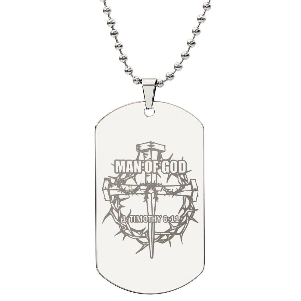 Man of God Cross 1 Timothy 6.11 Engraved Dog Tag Necklace Stainless Steel or 18k Gold w 24" Chain-Express Your Love Gifts