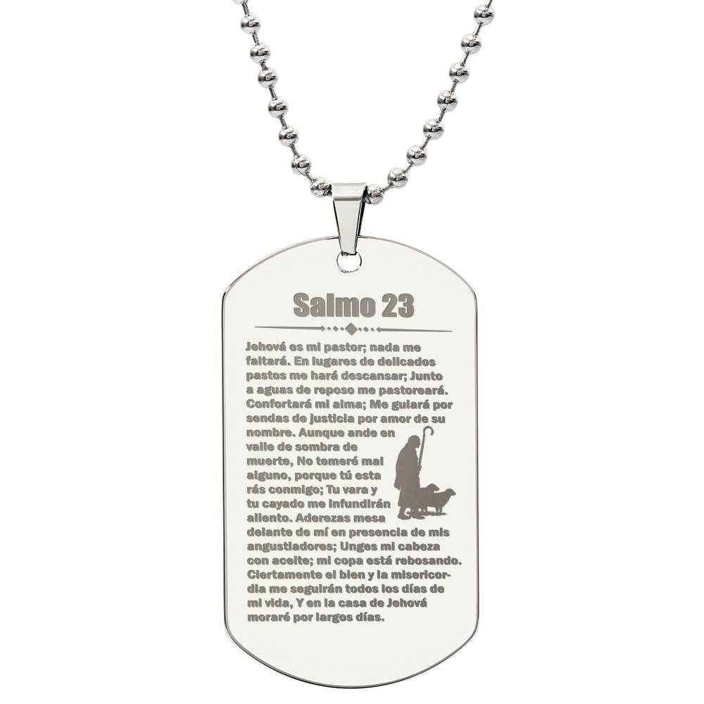 Psalm 23 Spanish Salmo 23 Engraved Dog Tag Necklace Stainless Steel or 18k Gold w 24" Chain-Express Your Love Gifts